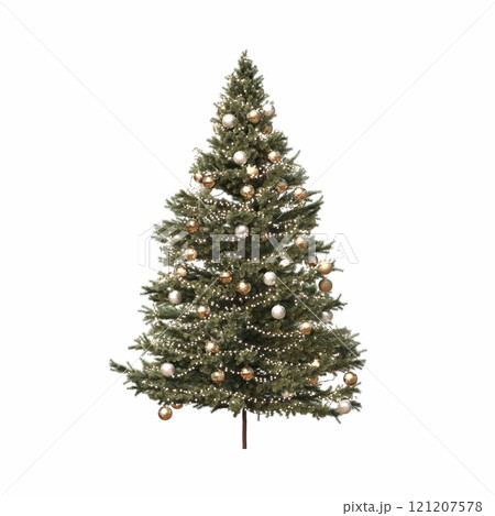 Christmas tree with decorations, isolated on white background, 3D illustration, cg render Christmas tree with decorations, isolated on white background, 3D illustration, cg render 121207578