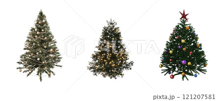 Christmas tree with decorations, isolated on white background, 3D illustration, cg render 121207581