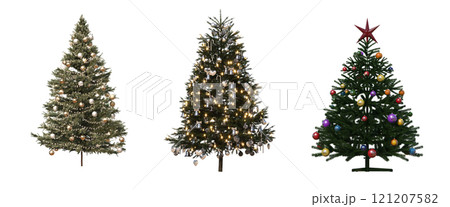 Christmas tree with decorations, isolated on white background, 3D illustration, cg render Christmas tree with decorations, isolated on white background, 3D illustration, cg render 121207582