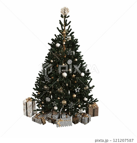 Christmas tree with decorations, isolated on white background, 3D illustration, cg render 121207587