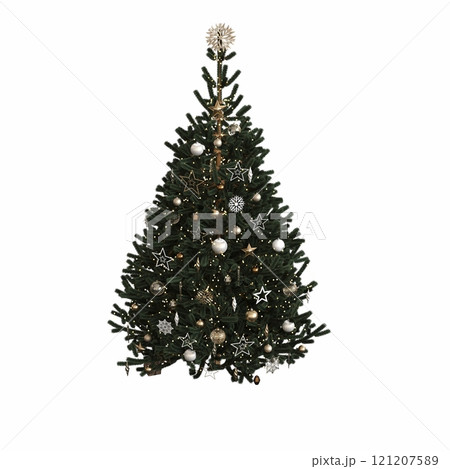Christmas tree with decorations, isolated on white background, 3D illustration, cg render Christmas tree with decorations, isolated on white background, 3D illustration, cg render 121207589