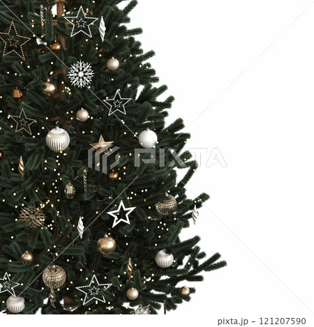 Christmas tree with decorations, isolated on white background, 3D illustration, cg render 121207590