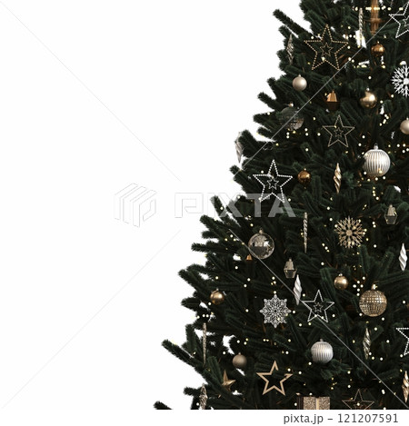 Christmas tree with decorations, isolated on white background, 3D illustration, cg render 121207591