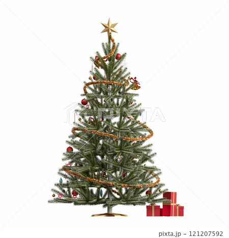 Christmas tree with decorations, isolated on white background, 3D illustration, cg render 121207592