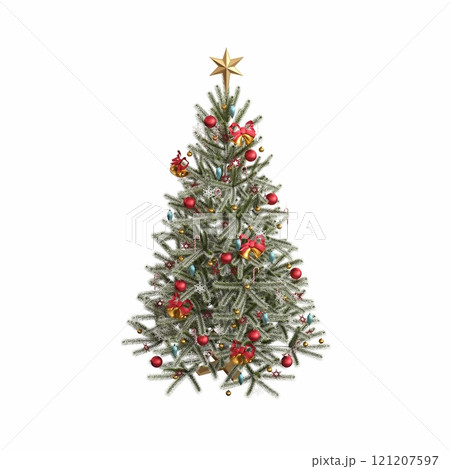 Christmas tree with decorations, isolated on white background, 3D illustration, cg render 121207597