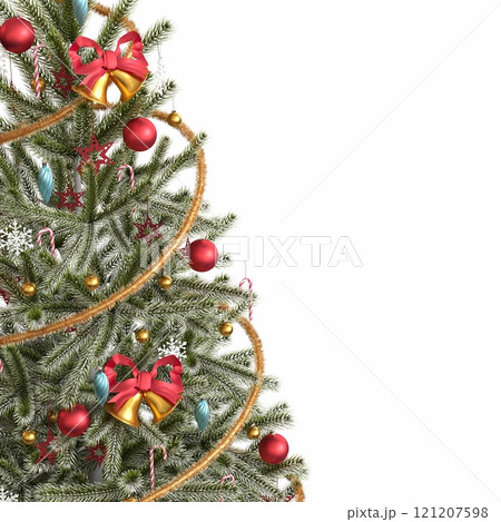 Christmas tree with decorations, isolated on white background, 3D illustration, cg render Christmas tree with decorations, isolated on white background, 3D illustration, cg render 121207598