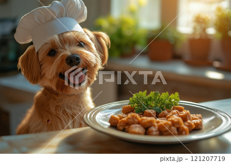 Dog chef preparing a delicious meal with pet food and fresh herbs 121207719