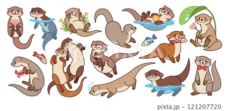 Cartoon cute sea otter characters. Funny wild marine animals, different actions and poses, cute water happy mammals, swimming, playing and eating, isolated stickers, kawaii tidy vector set 121207720