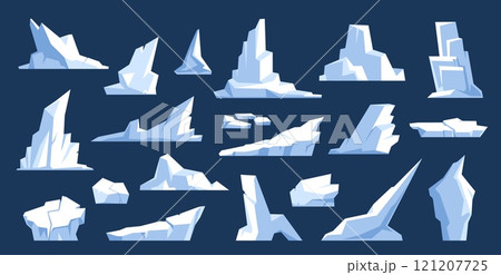 Cold sea floating glaciers. Icebergs in northern ocean, frozen blocks, water, white mountains pieces, different shapes winter decorative objects, nowaday vector cartoon flat isolated set 121207725