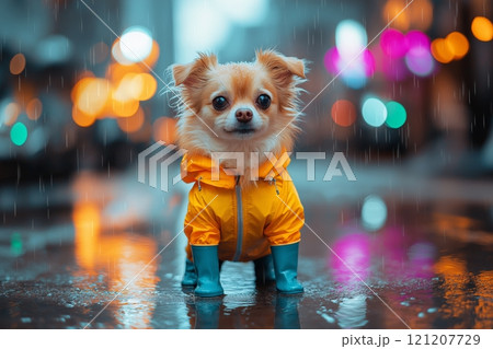 Chihuahua in yellow raincoat and boots standing in the rain on city street Chihuahua in yellow raincoat and boots standing in the rain on city street 121207729