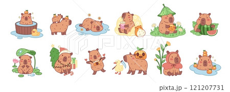 Cute cartoon capybaras characters. Funny exotic animals in different actions, they swim, relax, walk and eat, kawaii biggest adorable baby rodent, tidy vector cartoon flat isolated set 121207731