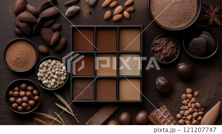 Exploring various shades and textures of chocolate and cacao products 121207747