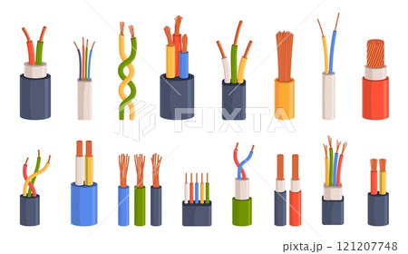 Electric cable isolation. Copper wires, colorful short pieces, power generation elements, flexible current conductors, voltage connection, cartoon flat isolated nowaday vector supply set 121207748