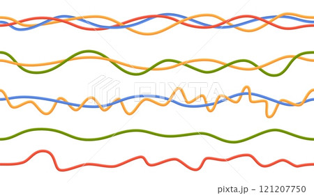 Electrical cable borders. Interlacing colored copper wires, flexible insulated connectors, plastic hoses, colorful curved bunches, electricity equipment cartoon flat nowaday vector set Electrical cable borders. Interlacing colored copper wires, flexible insulated connectors, plastic hoses, colorful curved bunches, electricity equipment cartoon flat nowaday vector set 121207750