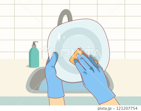 Human hands washing dishes with sponge and soap. Cleanliness and hygiene, rubber protective gloves, clean sparkling plate, housekeeping activity. Kitchen chores cartoon flat vector concept 121207754