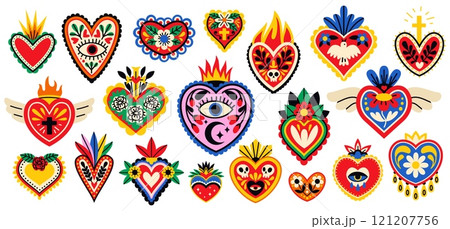 Sacred patterned hearts. Traditional mexican spiritual symbols, burning flames, colorful flowers and eyes, fire memorial signs, colorful decorative tidy vector cartoon flat isolated illustration set 121207756