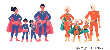 Superhero parents with children. Families in matching suits, flowing capes and tight jumpsuits, smiling superpower holders, heroic man woman and kids cartoon flat isolated vector concept Superhero parents with children. Families in matching suits, flowing capes and tight jumpsuits, smiling superpower holders, heroic man woman and kids cartoon flat isolated vector concept 121207760