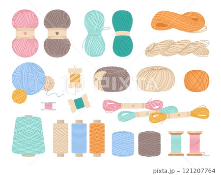 Wool and spool. Sewing and knitting colorful threads, coils, spools and bobbins, handmade textile equipment, handcraft items, hobby handmade material, cartoon flat isolated vector set 121207764
