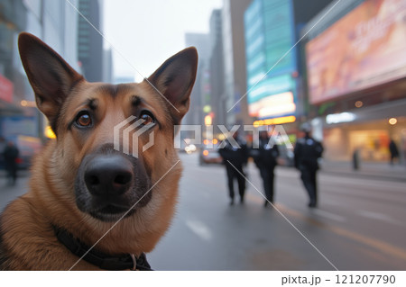 police dog close-up against the background of a big city street 121207790