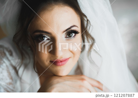 Portrait of beautiful bride with fashion veil at wedding morning Portrait of beautiful bride with fashion veil at wedding morning 121207887