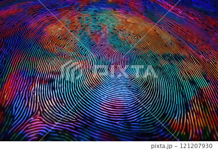 Abstract representation of a fingerprint with vibrant hues. Intricate lines and patterns create a visually striking print effect, highlighting the uniqueness identification. Personal identity concept 121207930