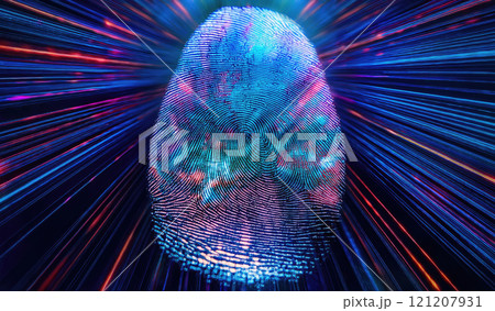 Abstract representation of a fingerprint with vibrant hues. Hypnotic motion lines and patterns create a visual striking finger print effect with uniqueness identification. Personal identity concept 121207931