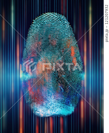 Fingerprint in vibrant hues with dynamic motion lines and patterns creating a striking visual effect with unique identification. Personal identity and security privacy concept 121207932