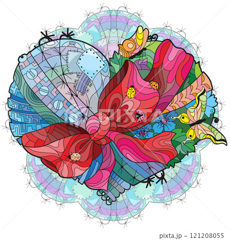 Sketchy doodle heart tied on a patterned round substrate with a ribbon and a bow 121208055