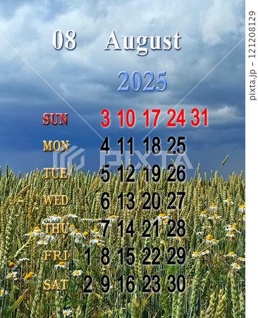 Calendar for August 2025 with photo of flower field in thunder storm clouds. Calendar for August 2025 with photo of flower field in thunder storm clouds. 121208129