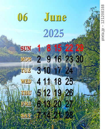 Calendar for June 2025 with photo of river in the forest in the morning Calendar for June 2025 with photo of river in the forest in the morning 121208188