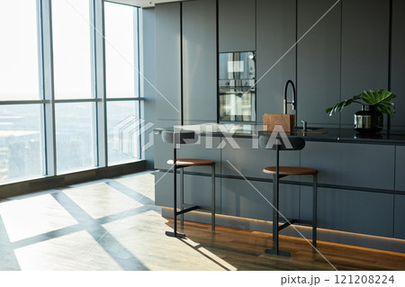Interior of contemporary functional kitchen combining Scandinavian style and industrial elegance creating comfortable atmosphere for cooking in modern apartment with panoramic windows, copy space 121208224