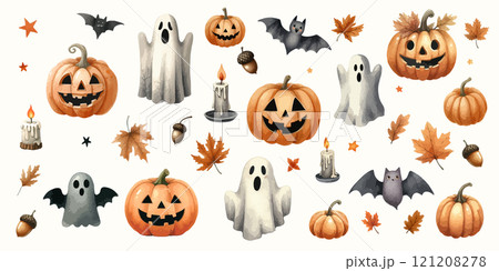 Set of Halloween watercolor clipart stickers with black cat in witch hat, skull, pumpkins, candle, snake, pot, ghost, hand with bone, candies, bat, spider. 121208278