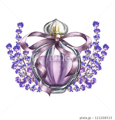 A bottle of lavender perfume and lavender flowers. Purple perfume with a ribbon bow. A watercolor illustration made by hand. Isolate her. For packaging, postcards and labels. For flyers and posters. 121208513