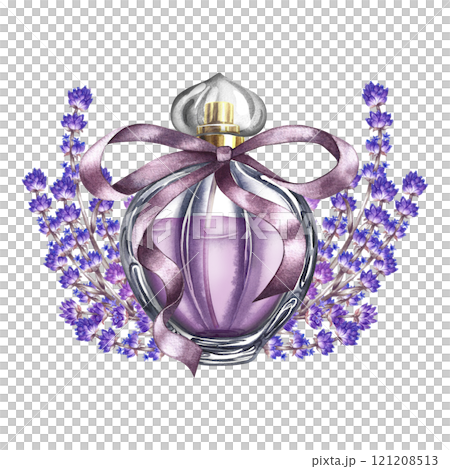 A bottle of lavender perfume and lavender flowers. Purple perfume with a ribbon bow. A watercolor illustration made by hand. Isolate her. For packaging, postcards and labels. For flyers and posters. 121208513