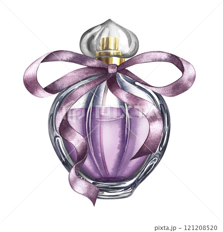 A perfume bottle made of transparent glass. Vintage purple perfume with ribbon bow. A hand-drawn watercolor illustration. Isolate her. For packaging, postcards and labels. For banners, flyers, posters A perfume bottle made of transparent glass. Vintage purple perfume with ribbon bow. A hand-drawn watercolor illustration. Isolate her. For packaging, postcards and labels. For banners, flyers, posters 121208520