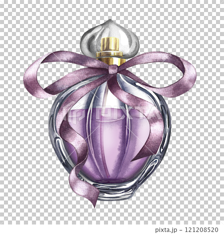A perfume bottle made of transparent glass. Vintage purple perfume with ribbon bow. A hand-drawn watercolor illustration. Isolate her. For packaging, postcards and labels. For banners, flyers, posters A perfume bottle made of transparent glass. Vintage purple perfume with ribbon bow. A hand-drawn watercolor illustration. Isolate her. For packaging, postcards and labels. For banners, flyers, posters 121208520