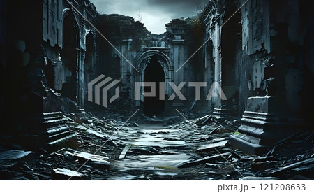 Ruins of ancient city. Halloween concept. Fantasy background. Creepy art. 121208633
