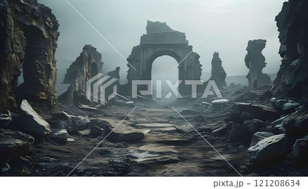 Fantasy landscape with ancient ruins in the fog. Dark background. Creepy art. 121208634