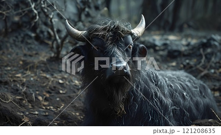 Portrait of a black buffalo in the forest. Big horned animal. Fantasy background. Creepy dark art. 121208635