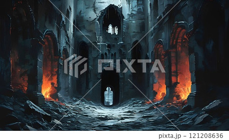 Fantasy scene with ancient gothic church and ruins. Dark background. Creepy art. 121208636