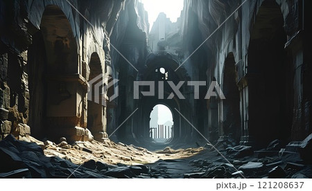 Mysterious ruins of ancient city. Fantasy landscape. Fantasy background. Creepy art. 121208637