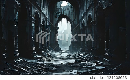Mysterious dark corridor with ancient ruins. Fantasy background. Creepy art. 121208638