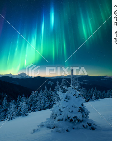 Fairy Christmas scene with Northern lights in winter mountains 121208645