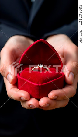 Men's hands holding red heart shaped box with ring in it. A Valentine's Day gift or marriage proposal. Close-up. Jewelry Men's hands holding red heart shaped box with ring in it. A Valentine's Day gift or marriage proposal. Close-up. Jewelry 121208683