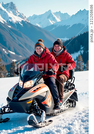 Couple, a man and a woman in sportswear are riding snowmobile down mountain. Winter sports Couple, a man and a woman in sportswear are riding snowmobile down mountain. Winter sports 121208686