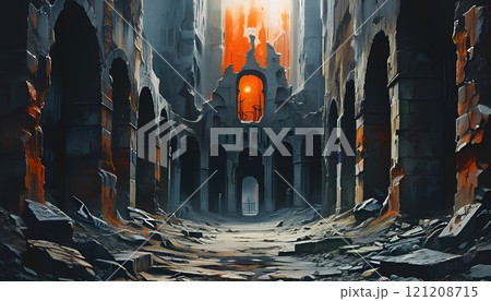 Mysterious hall of the old castle. Fantasy art. 121208715