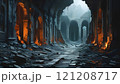 Ancient ruins in the dark with light and fire, Fantasy art. 121208717