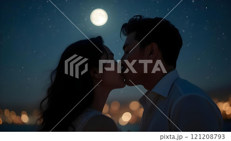 Romantic asian young couple kissing under the full moon at night. 121208793
