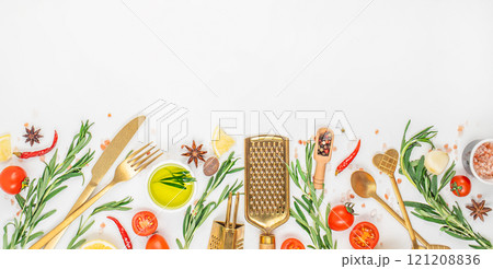 Food cooking background. Herbs, spices and vegetables at white kitchen table. Long banner format. top view. copy space 121208836