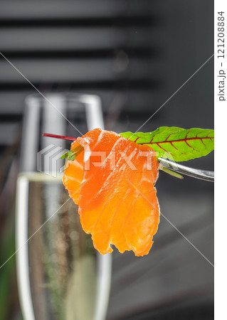 Champagne glass with salmon fish. appetizer. brunch with prosecco. copy space 121208884